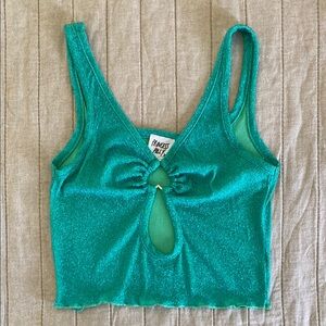 Princess Polly - Teal Glitter Lettuce Hem Crop Top